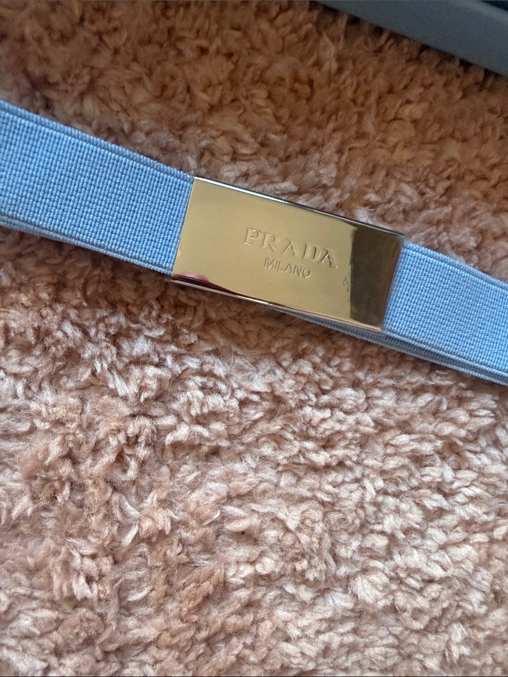 Prada Pale Blue Elastic Slim Belt with Silver  Plaque - Picture 2 of 6